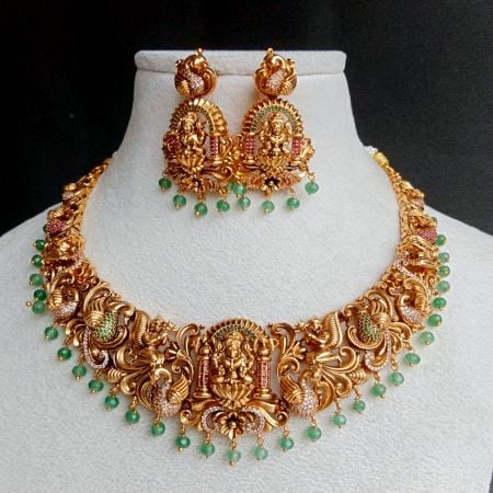 Handmade Brass Metal Jewellery Lakshmi Green Necklace Set